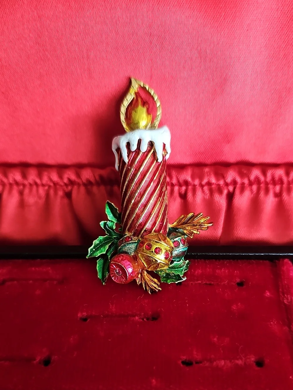 Festive St. Labre Red Candle Brooch with Green Holly Accents